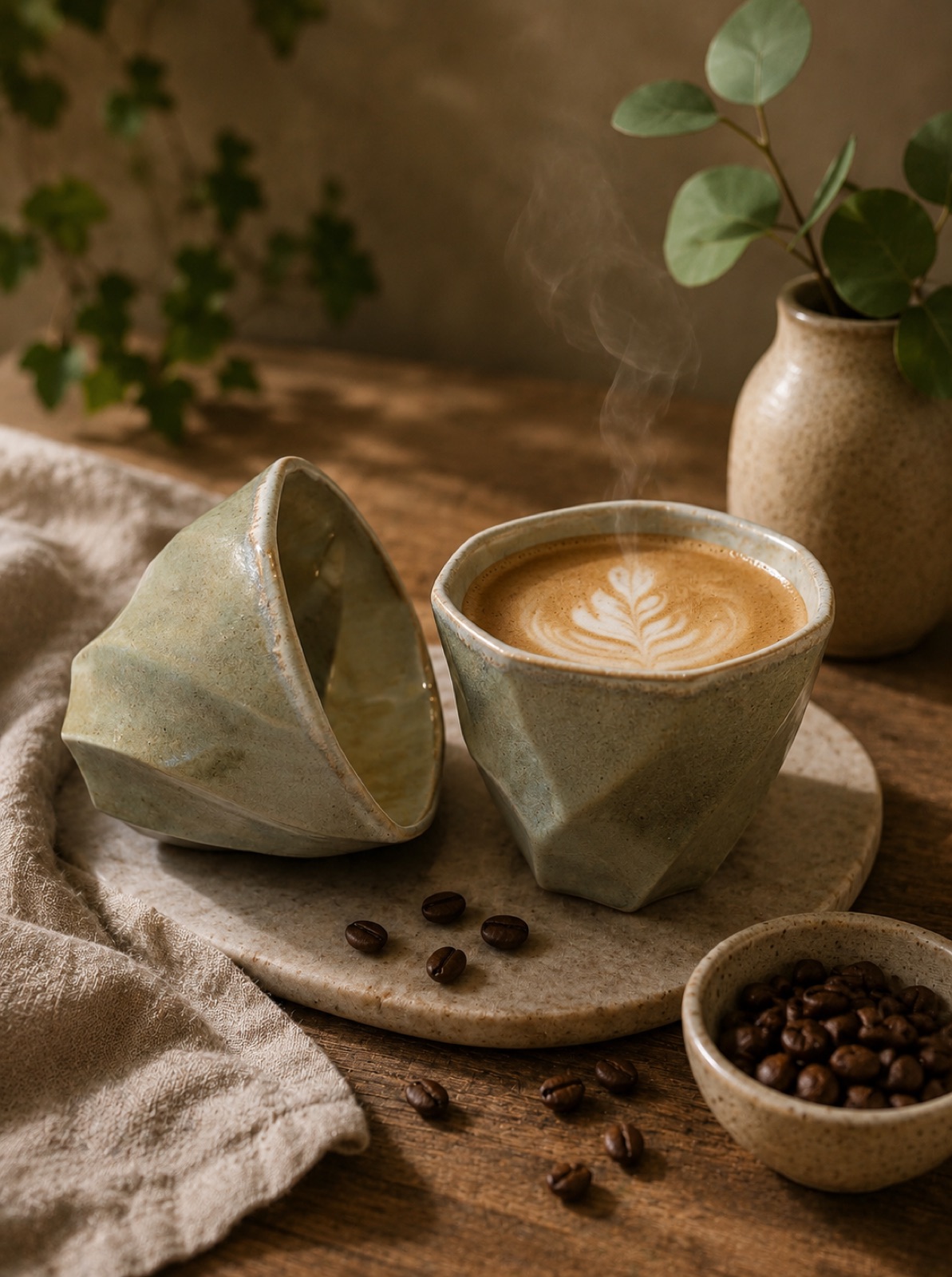 To grønglaserede espressokopper med kaffe